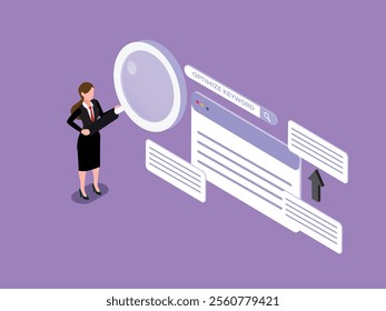 Keyword Optimization Concept with Businesswoman Holding Magnifying Glass 3d isometric vector illustration