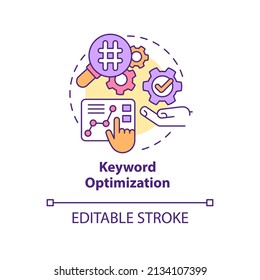 Icono de concepto de optimización de palabras clave. Herramienta de publicidad. Ilustración de línea delgada de la idea abstracta de la tendencia del marketing de SEO. Dibujo de contorno aislado. Trazo editable. Fuentes Arial, Myriad Pro-Bold utilizadas