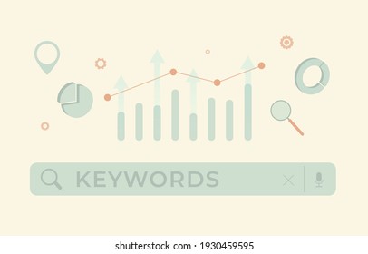 Keyword Optimization SEO concept. Research, Selection and analysis popular search terms for search engine optimization. Keyword Ranking with search bar and chart icons. Flat Vector illustration