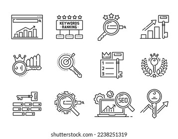 Symbole zur Rangfolge von Schlagwörtern. Social Media-Marketing, Internet-Handel und SEO-Umrisssymbole, Publikumsrecherche, Schlagwörter Service Thin Line-Symbole mit Schlüssel, Kronen, Lorbeerkranz und Laptop