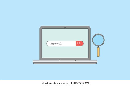 keyword research analysis with laptop and magnifying zoom tools with line or outline style vector illustration