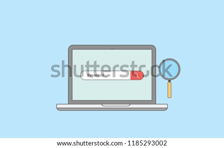 keyword research analysis with laptop and magnifying zoom tools with line or outline style vector illustration