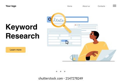 Keyword research banner. Concept of search engine optimization, content, traffic and query analysis. Vector landing page of data ranking service and SEO with flat illustration of man with laptop