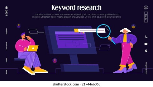 Keyword research banner with people team work with traffic and query analysis. Vector landing page of SEO with flat illustration of man with laptop and girl with magnifier