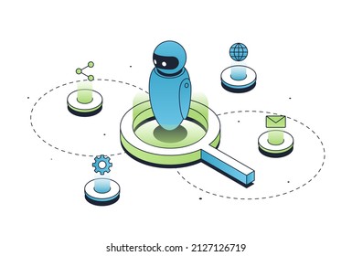 Keyword Research Concept. Robot And Modern Technology, Digital World. Assistant For Doing Business, Promotion Of Articles For Site, Selection Of Keywords And SEO. Cartoon Vector Illustration