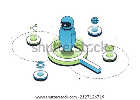 Keyword research concept. Robot and modern technology, digital world. Assistant for doing business, promotion of articles for site, selection of keywords and SEO. Cartoon vector illustration