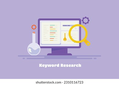 Suchbegriff-Konzept. Schlagwortauswahl für Website SEO. Keyword-Wettbewerb-Analyse - Vektorgrafik-Hintergrund mit Symbolen