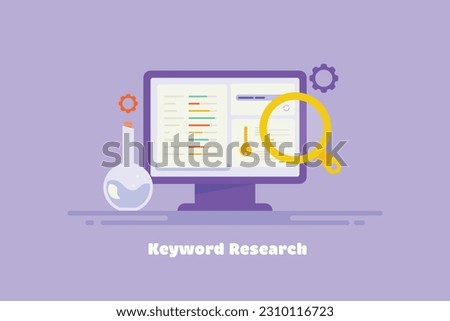 Keyword research concept. Keyword selection for website SEO. Keyword competition analysis - vector illustration background with icons