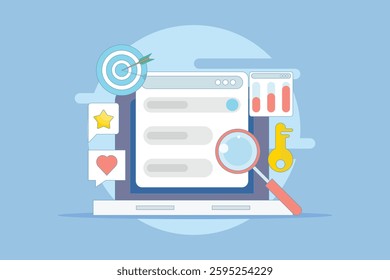 Keyword research concept, keyword targeting, SEO optimization, keyword analysis tool. Search engine marketing with keyword grouping strategy. Flat vector illustration on background.