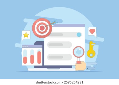 Keyword research concept, keyword targeting, SEO optimization, keyword analysis tool. Search engine marketing with keyword grouping strategy. Flat vector illustration on background.