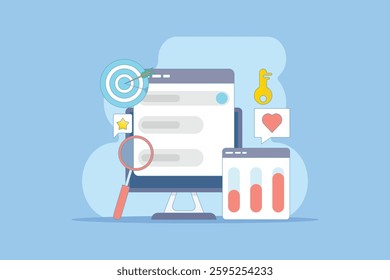 Keyword research concept, keyword targeting, SEO optimization, keyword analysis tool. Search engine marketing with keyword grouping strategy. Flat vector illustration on background.