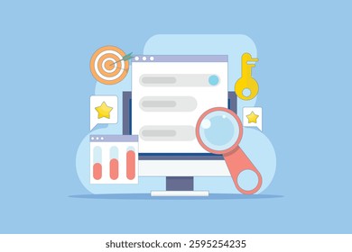 Keyword research concept, keyword targeting, SEO optimization, keyword analysis tool. Search engine marketing with keyword grouping strategy. Flat vector illustration on background.