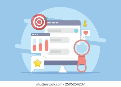 Keyword research concept, keyword targeting, SEO optimization, keyword analysis tool. Search engine marketing with keyword grouping strategy. Flat vector illustration on background.