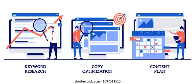 Keyword research, copy optimization, content plan concept with tiny people. Professional SEO services abstract vector illustration set. Web campaign, search engine, social media planner metaphor.