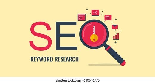 Keyword research, Finding search terms for search engine optimization flat design vector with icons isolated on light background