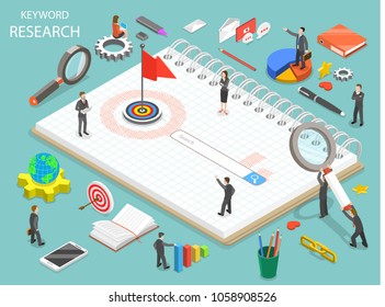 Keyword research flat isometric vector concept. Team of colleagues are standing around the search line that is a part of the drawn key.
