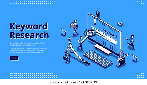 Keyword research isometric landing page. Seo keywording analysis tool. People and ai robots at huge pc monitor with long tail graph and magnifier. Optimization service 3d vector line art web banner