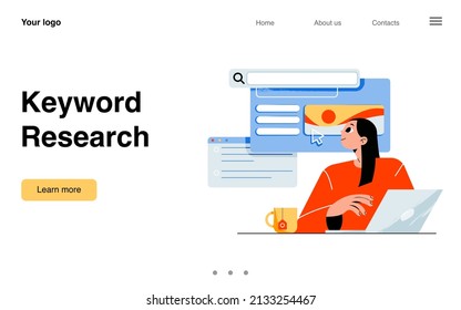Startseite für Suchbegriffe. Keywordist- oder Kopiermädchen mit Laptop mit Tools und Services zur Optimierung von Seekonzepten und zur Analyse von Content-Paketen in sozialen Medien, Webbanner für Vektorgrafik-Online-Kunst