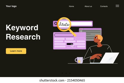 Keyword research landing page. Professional specialist with laptop using tools and services for browsing key words for seo optimization and social media content, Vector cartoon line art web banner