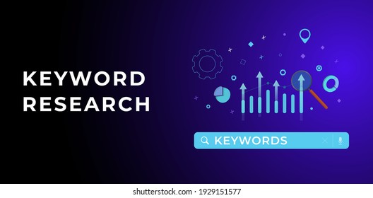 Keyword Research and Optimization SEO concept. Selection and analysis popular search terms with search engine optimization. Keyword Ranking with search bar and chart icons.