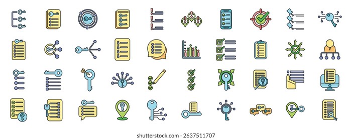 Keyword research optimization strategy icons depicting search engine optimization, digital marketing campaign, online traffic analysis, and content planning