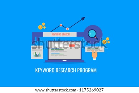 Keyword research program, SEO keywords, SEO marketing strategy flat design illustration with icons