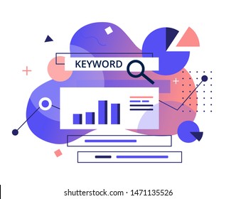 Keyword Research program-flat banner. Monitoring, Analysis and verification of site positions in search engines concept. SEO Marketing tools vector illustration.