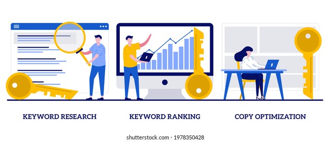 Keyword research, keyword ranking, copy optimization concept with tiny people. Search engine optimization service abstract vector illustration set. SEO analytics, marketing business metaphor.