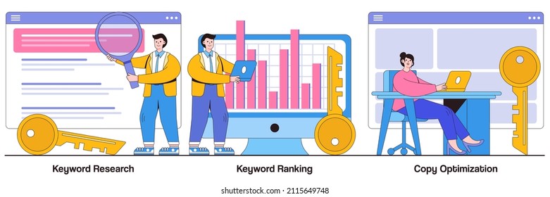 Investigación de palabras clave, clasificación de palabras clave, concepto de optimización de copia con personas pequeñas. Conjunto de ilustraciones vectoriales abstractas del servicio de optimización de motores de búsqueda. Análisis SEO, metáfora comercial de marketing.