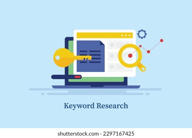 Keyword-Recherche, Keyword-Suche-Volume, SEO-Keyword-Tool - Flaches Design, Vektorgrafik mit Symbolen