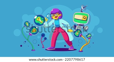 Keyword research, Seo analysis, keywording tool media concept. Contemporary female with magnifier use artificial intelligence and engine optimization services, Cartoon linear flat vector illustration