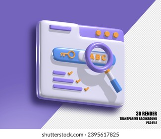 Keyword Research and SEO optimization 3d vector concept. Selection popular search terms with search engine suggestion tips.