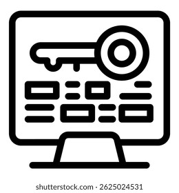 Pesquisa por palavra-chave e conceito de otimização de seo, chave e lupa na tela do computador mostrando os dados, ícone de vetor de linha