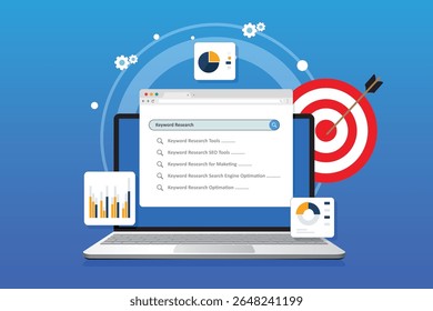Keyword Research and SEO optimization concept. Selection popular search terms with search engine suggestion tips.