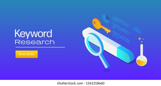 Keyword research, Seo keyword, Search bar, keyword optimization, 3D, isometric vector illustration with icons and texts