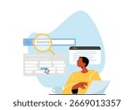 Keyword research, SEO services. A man is searching for the best keywords.