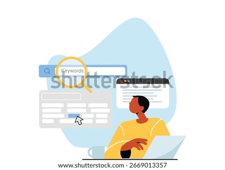Keyword research, SEO services. A man is searching for the best keywords.