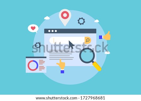 Keyword research seo website content flat on a blue background