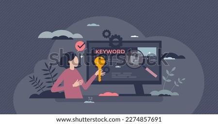 Keyword research for SEO and website content ranking tiny person concept. Search engine optimization improvement work with online meta data results and information description vector illustration.