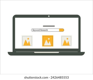 Etiqueta de investigación de palabras clave en la pantalla de la ilustración vectorial portátil. Diseño de investigación de palabras clave de optimización Seo.
