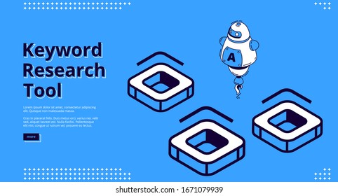 Keyword research tool banner with isometric icons on blue background. Vector landing page of SEO optimization service with line art robot, chatbot with artificial intelligence