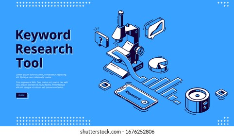 Keyword research tool banner with isometric icons on blue background. Vector landing page of SEO optimization service with tools signs, microscope, smartphone and graph