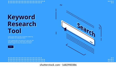 Keyword research tool banner with isometric website interface with search line on blue background. Vector landing page of service for keywording and SEO optimization