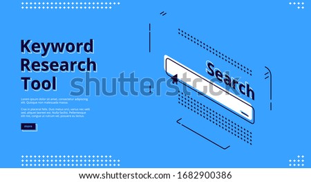 Keyword research tool banner with isometric website interface with search line on blue background. Vector landing page of service for keywording and SEO optimization