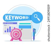 Keyword Research Tool concept, keyword analysis report, keyword analysis report, SEO keywords dominating search engine results, SEO keyword costs for digital advertising or pay per click campaigns.