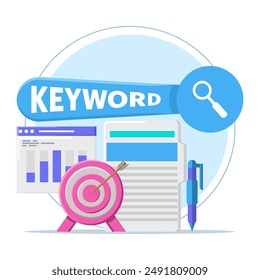 Keyword Research Tool concept, keyword analysis report, keyword analysis report, SEO keywords dominating search engine results, SEO keyword costs for digital advertising or pay per click campaigns.