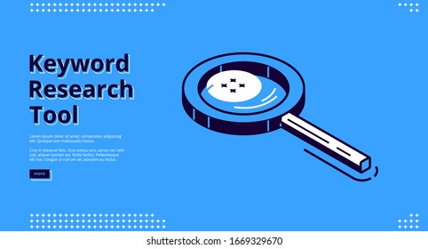 Keyword research tool isometric landing page with large magnifier isolated on blue. Seo optimization, analysis service 3d vector illustration, web banner line art