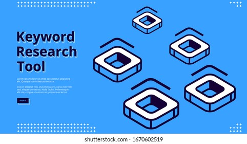 Keyword research tool isometric landing page with square shape abstract icons with rounded corners and cavity in center. Seo optimization, analysis servic,e 3d vector illustration, line art web banner
