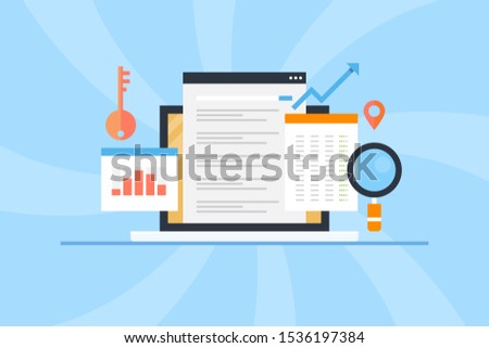 Keyword Research tool, Website Keyword analysis, Seo keyword, Software, marketing campaign - flat design vector concept with icons