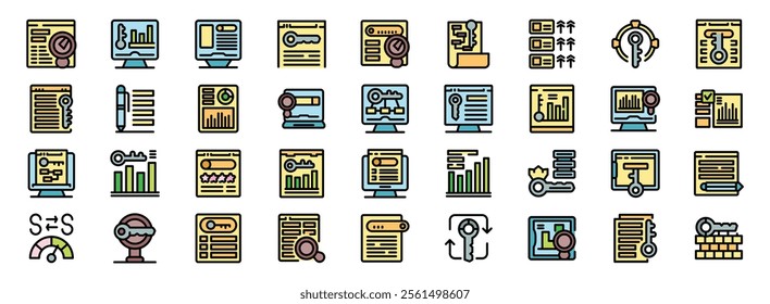 Keyword research tools and seo optimization icons visualizing search engine optimization and digital marketing strategies for content marketing and website analysis